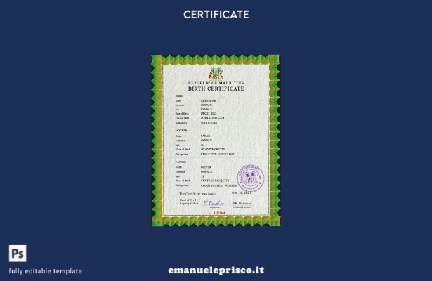 modello PSD del certificato di nascita dello stato civile di Mauritius in stile 